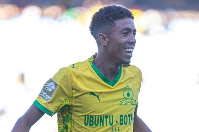 Tashreeq Matthews celebrating after scoring for Mamelodi Sundowns