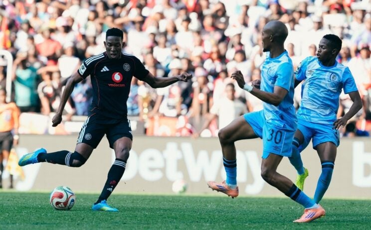 Orlando Pirates midfielder Thalente Mbatha shoots past Orbit College players