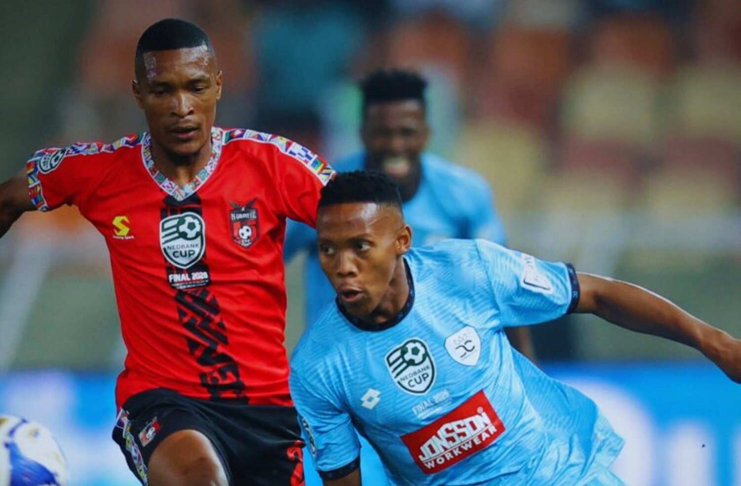 Tshepo Kakora of TS Galaxy challenging Durban City's Bokang Mokwena