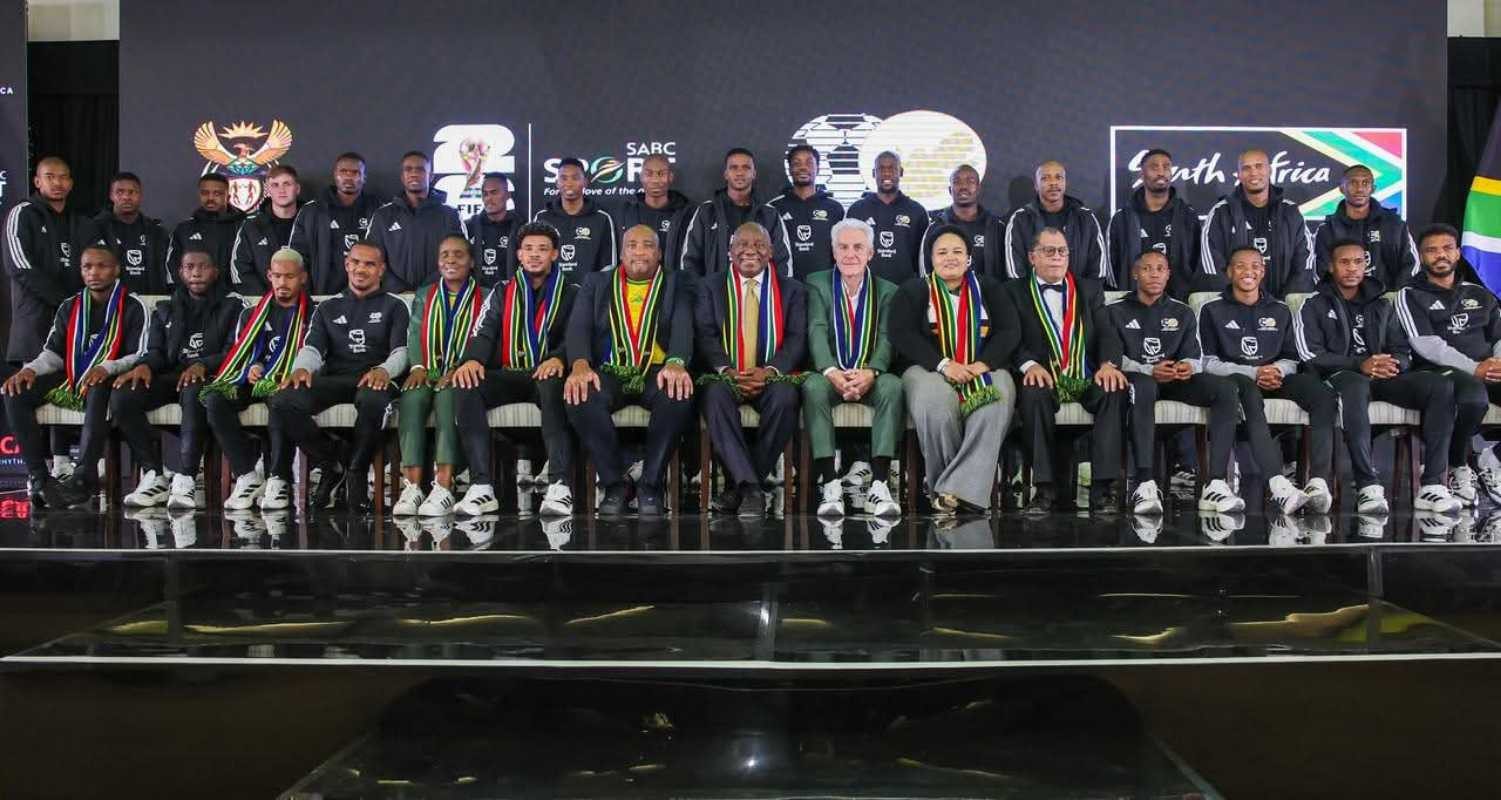 The 26 Bafana Bafana heading to the 2026 FIFA World Cup taking a picture with President Cyril Ramaphosa.