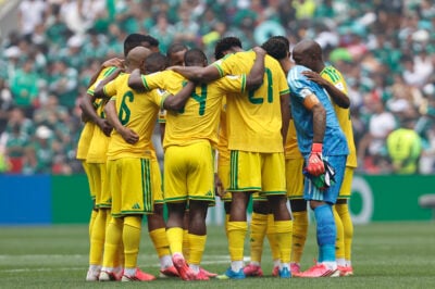 Bafana Bafana players gather for a final team talk before kickoff.