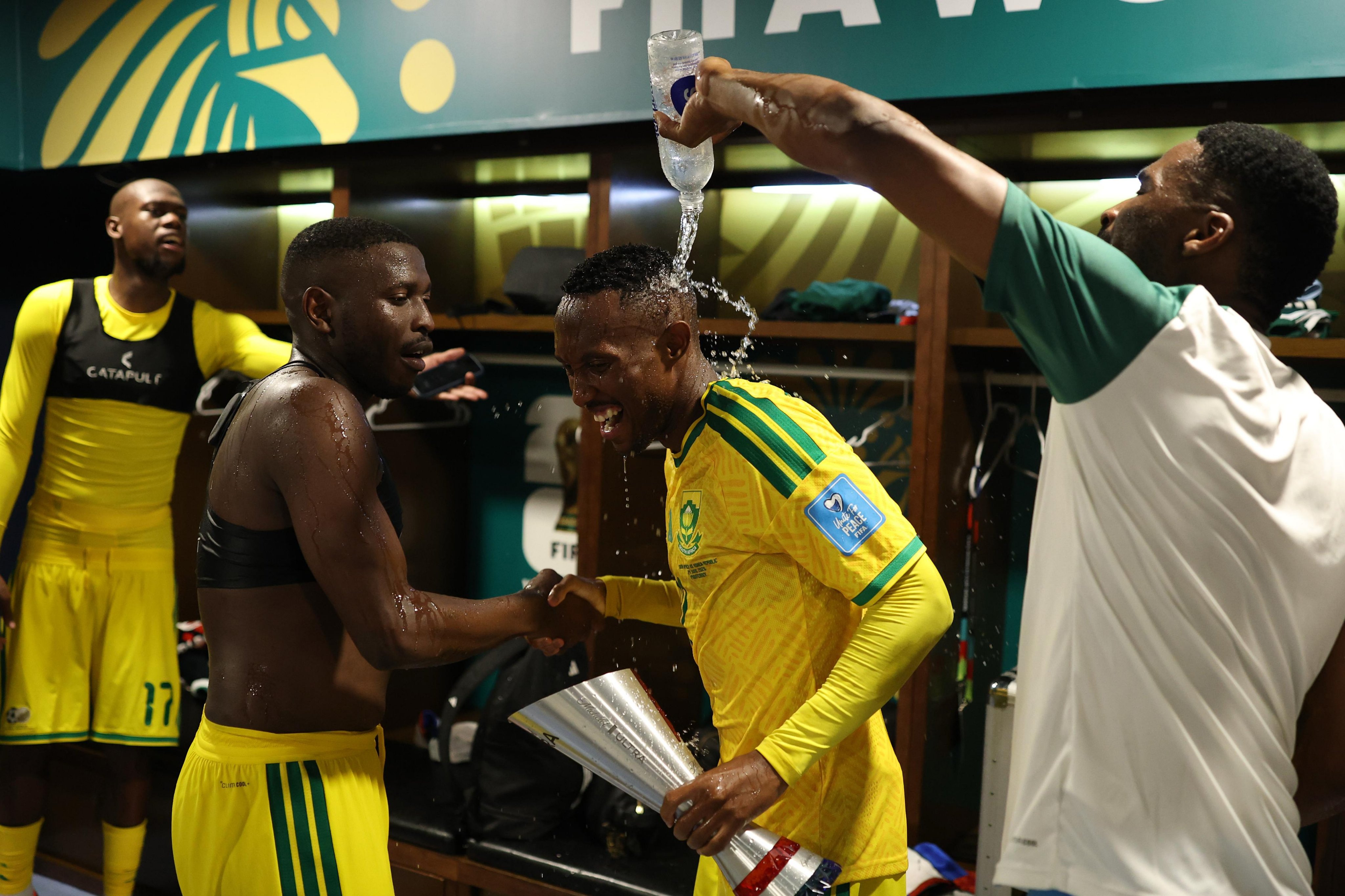 Bafana Bafana celebrating in the dressing room after beating South Africa