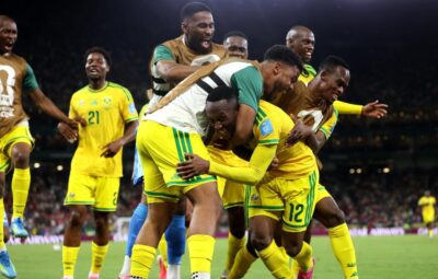 Bafana Bafana players celebrate Thapelo Maseko's goal against South Korea
