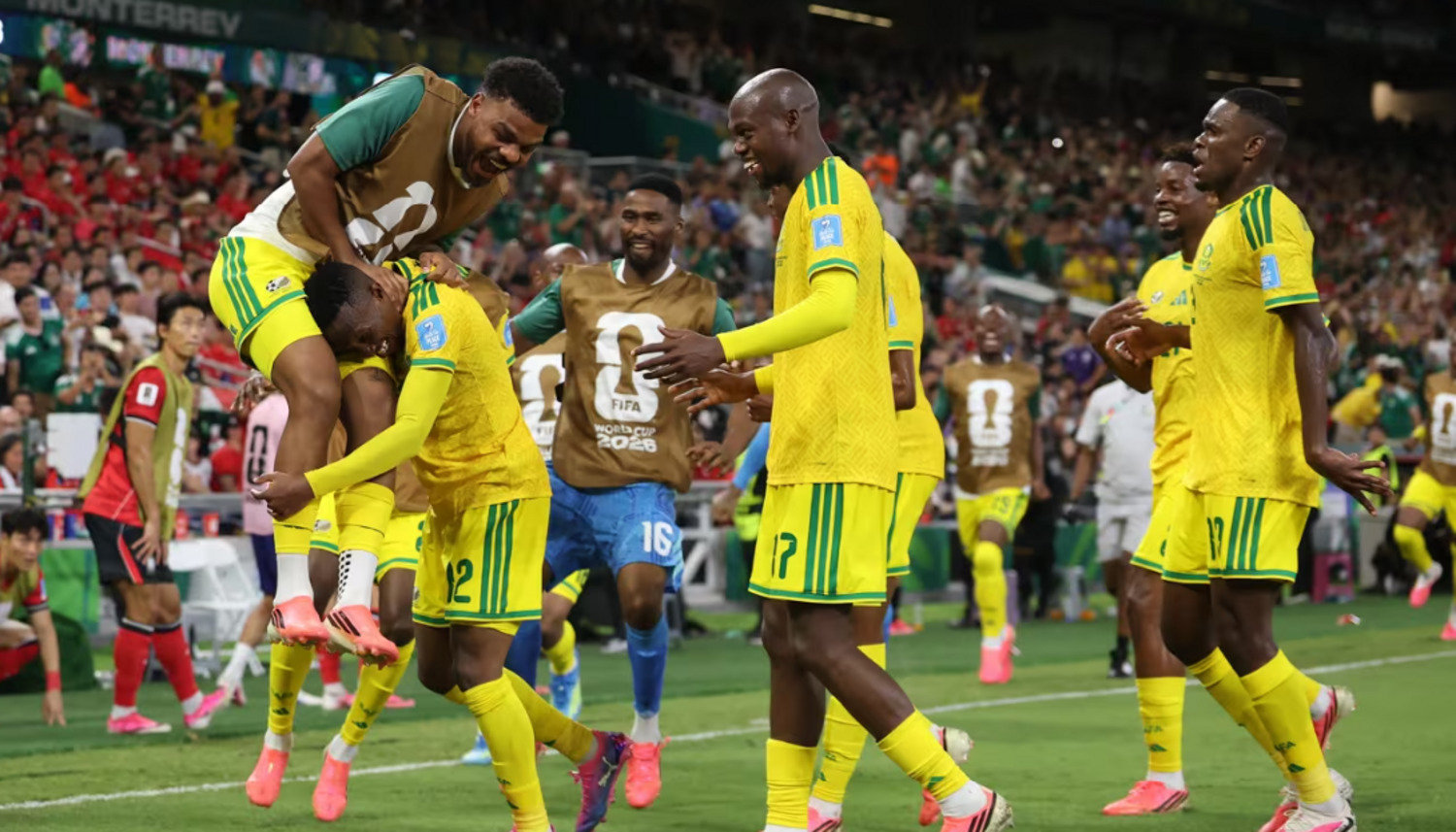 Bafana Bafana players celebrating Thapelo Maseko's goal against South Korea