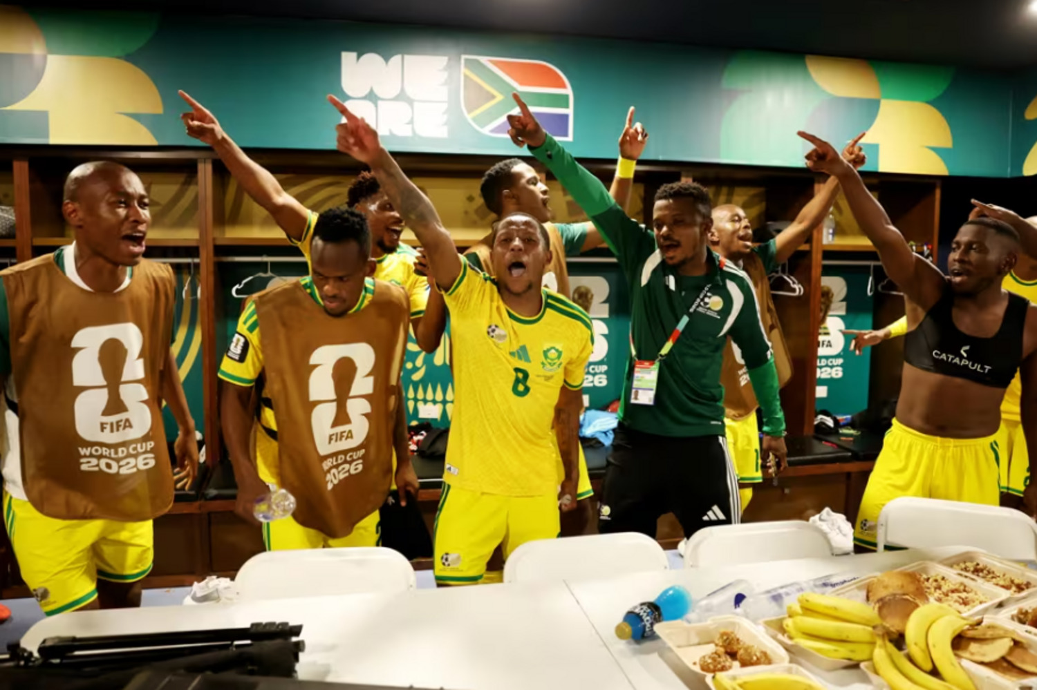 Bafana Bafana players celebrating celebrating in the dressing room after beating South Korea