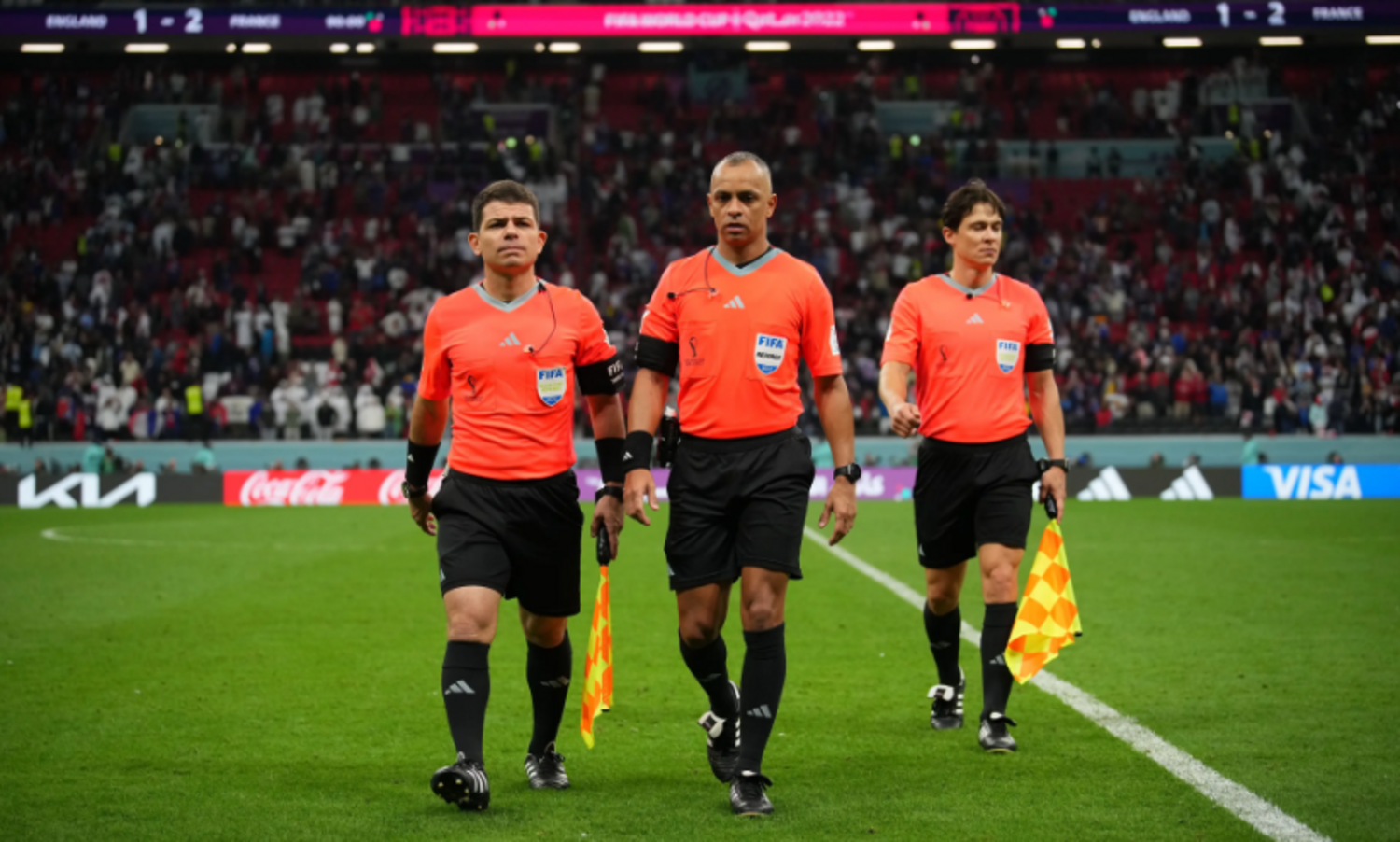 Brazilian referees Bruno Boschilia, Wilton Pereira Sampaio and Bruno Pires walking off the pitch