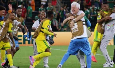 Hugo Broos celebrating with his players after Bafana Bafana beat South Korea at the 2026 FIFA World Cup