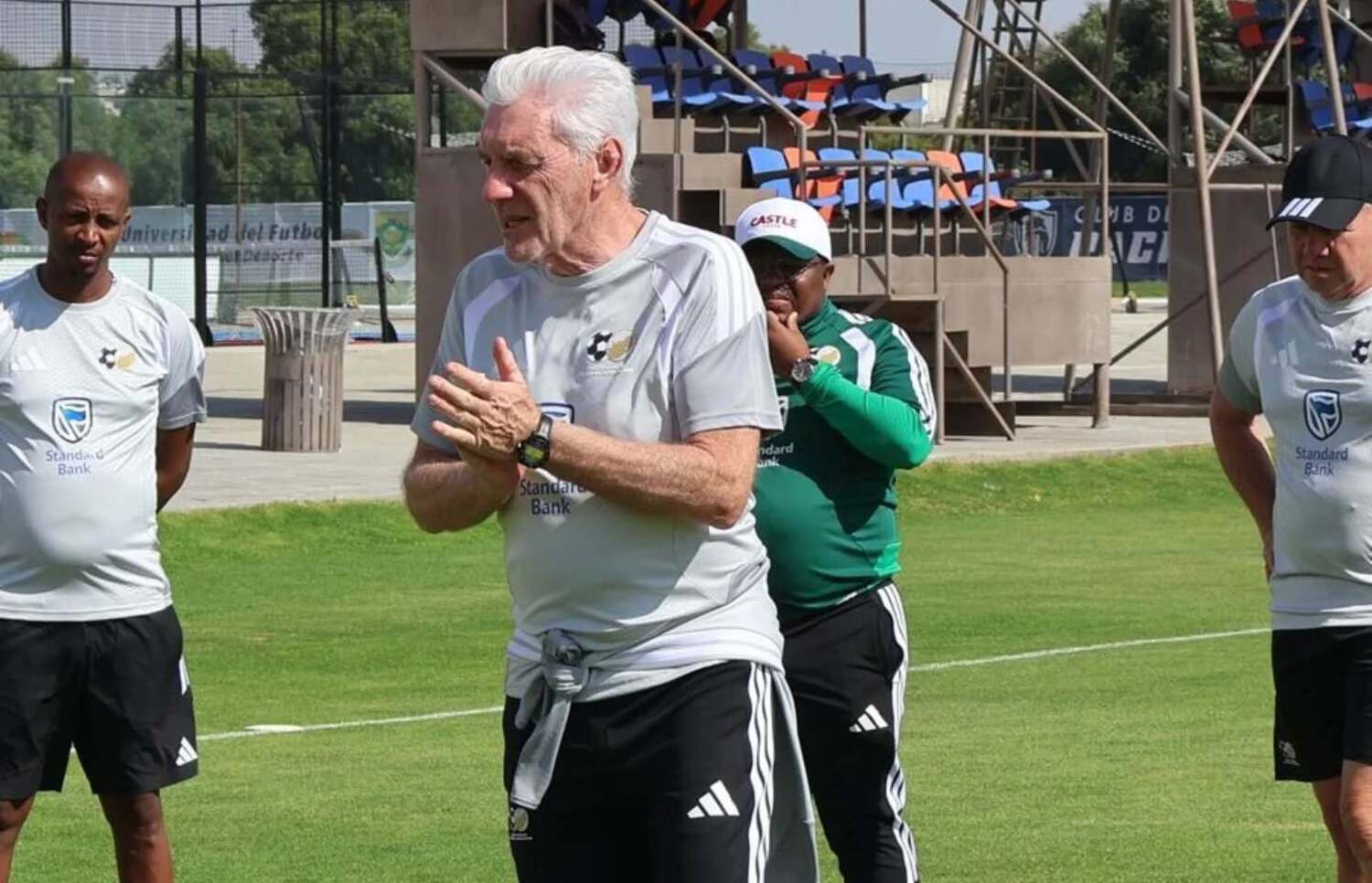 Hugo Broos making an address at a Bafana Bafana training session