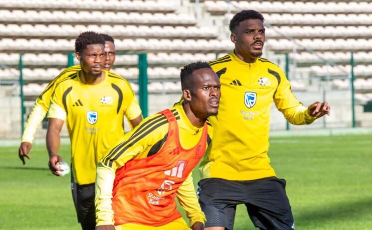 Ime Okon, Thabang Matuludi and Lyle Foster at a Bafana Bafana training session
