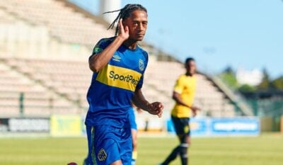 Jaedin Rhodes in celebratory mood after scoring for Cape Town City FC