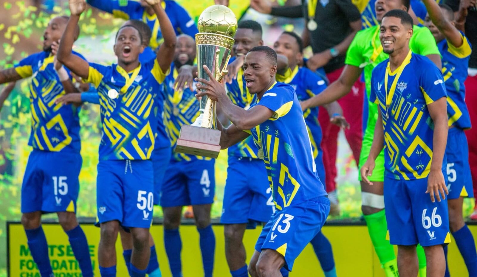 Kruger United players celebrate the 2026/27 Motsepe Foundation Championship as winners