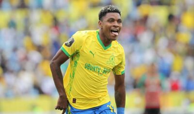 Brayan Lèon in celebratory mood after scoring for Mamelodi Sundowns