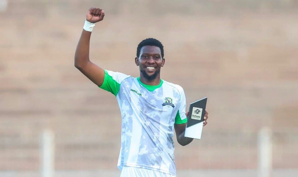 Marvin Sikhosana showing off his Betway Premiership Man of the Match accolade