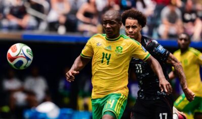 Mbekezeli Mbokazi in action for Bafana Bafana at the 2026 FIFA World Cup