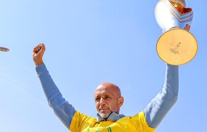 Miguel Cardoso lifting Mamelodi Sundowns' CAF Champions League trophy
