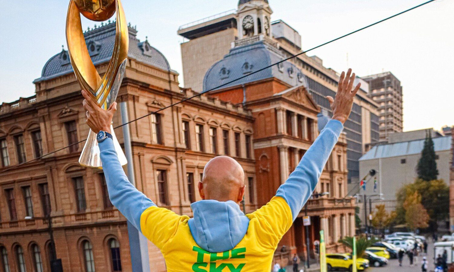 Miguel Cardoso lifting Mamelodi Sundowns' CAF Champions League trophy