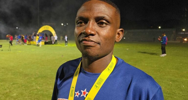Ntsako Makhubela addressing the media after winning promotion with Kruger United.