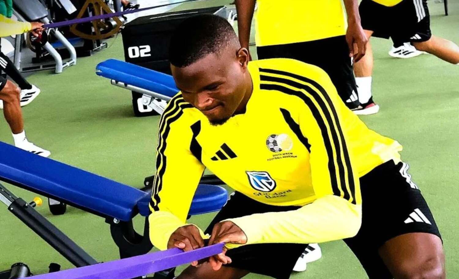 Olwethu Makhanya working out during a Bafana Bafana gym session