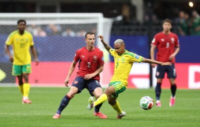Bafana Bafana winger Oswin Appollis challenging Czech Republic midfielder Vladimir Darida during a 2026 FIFA World Cup match
