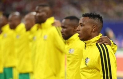 Bafana Bafana midfielder Relebohile Mofokeng signing the South Africa national anthem