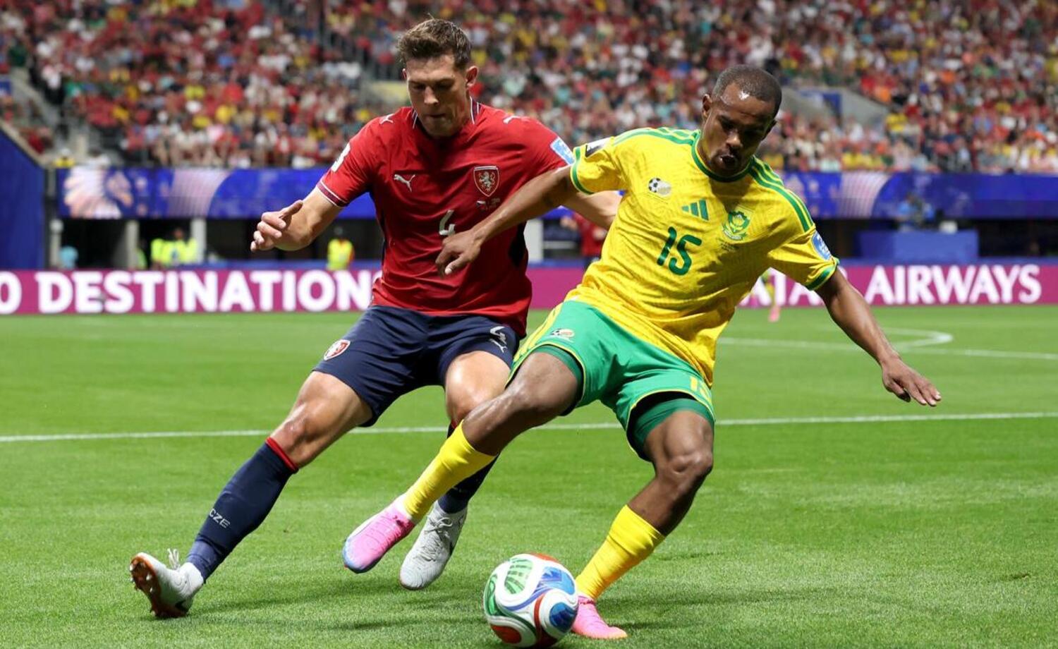 Czech Republic defenfer Robin Hranac marks the ball from Bafana Bafana striker Iqraam Rayners