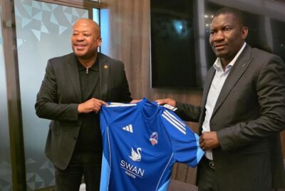 Scottland FC president Scott Sakupwanya and Bobby Motaung