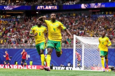 Teboho Mokoena celebrates after scoring for Bafana Bafana against Czech Republic