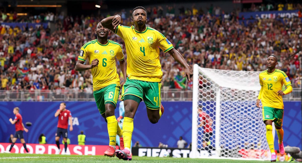 Teboho Mokoena celebrates after scoring against Czechia