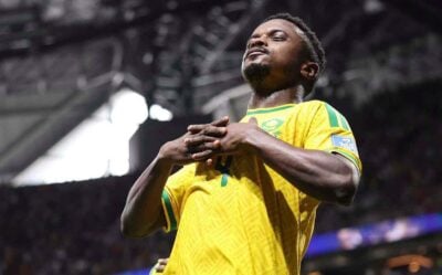 Teboho Mokoena celebrating his goal for Bafana Bafana against the Czech Republic
