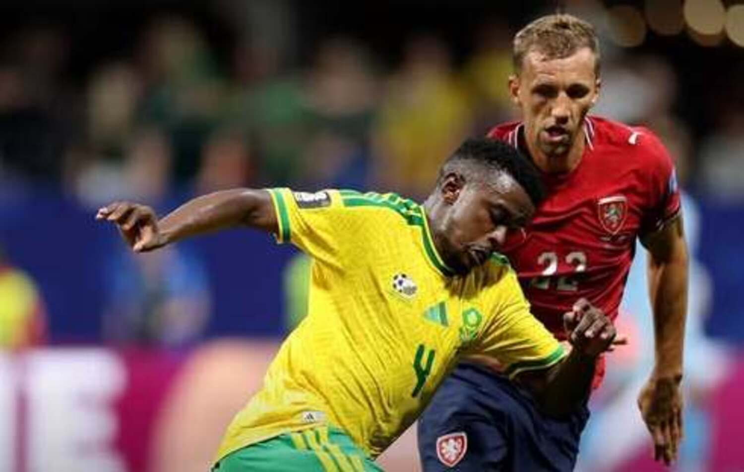 Bafana Bafana midfielder Teboho Mokoena trying to get past Czech Republic midfielder Tomas Soucek