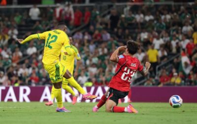 Bafana Bafana winger Thapelo Maseko shooting past a South Korea player