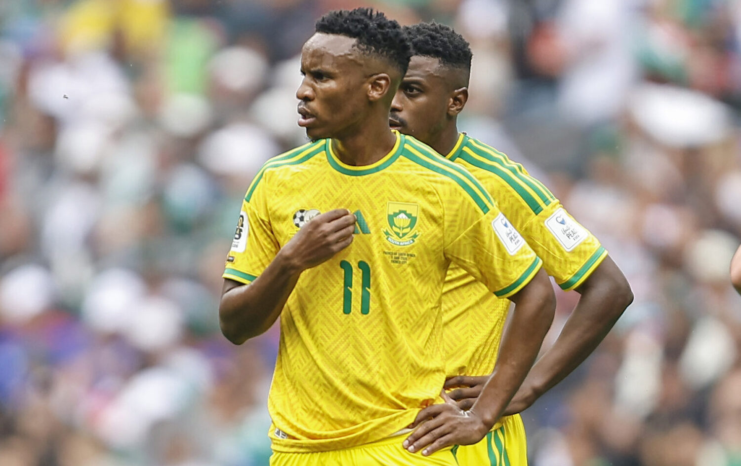 Themba Zwane and Teboho Mokoena during Bafana Bafana's 2026 FIFA World Cup opener against Mexico