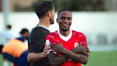 Thembinkosi Lorch celebrates goal for Al-Ittihad