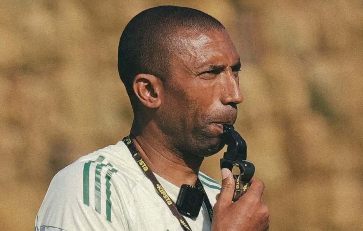 Abdeslam Ouaddou blowing a whistle during an Orlando Pirates training session in Marbella, Spain