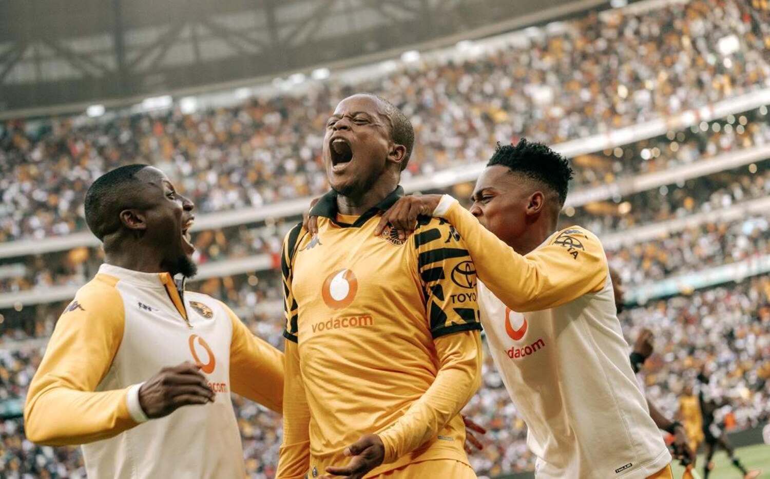 Bruce Bvuma, Wandile Duba and Mfundo Vilakazi celebrating Kaizer Chiefs' goal