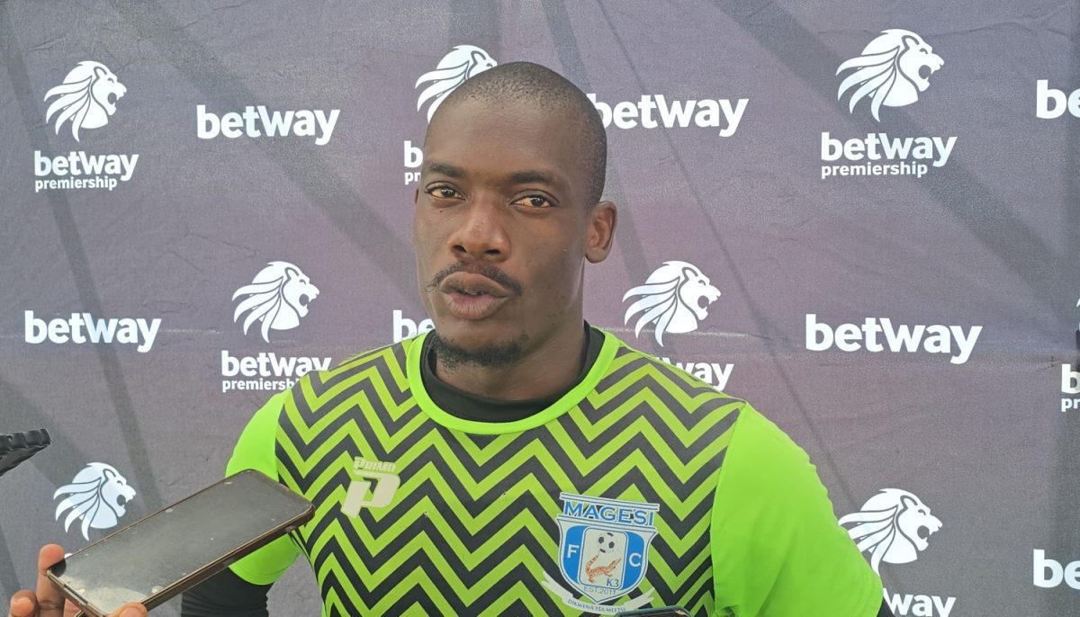 Magesi FC goalkeeper Elvis Chipezeze addressing members of the media