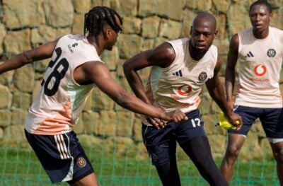 Evidence Makgopa, Tshepang Moremi and Patrick Maswanganyi at an Orlando Pirates training session
