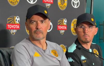 Fernando da Cruz and his Kaizer Chiefs fitness coach Julien le Heran address the media