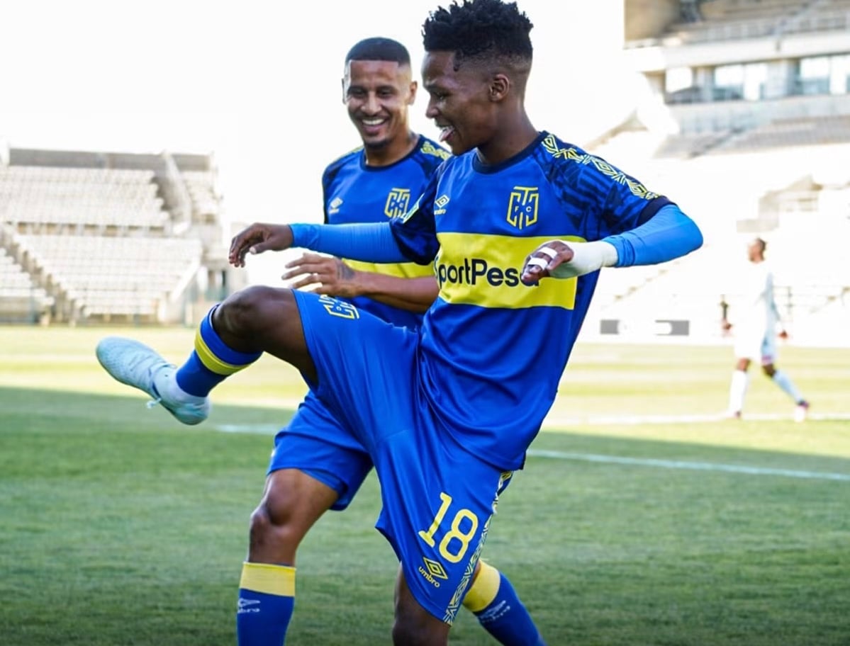 Emile Witbooi at Cape Town City FC celebrating a goal with a teammate
