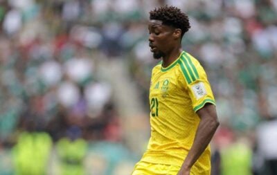 Ime Okon in action for Bafana Bafana at the 2026 FIFA World Cup