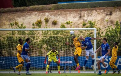 Kaizer Chiefs defender Inacio Miguel in an aerial challenge against Rangers FC while supported Given Msimango and Paseka Mako
