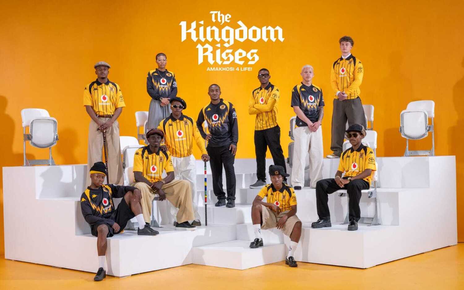 Kaizer Chiefs players showcasing the new 2026/27 home and away Kappa kits