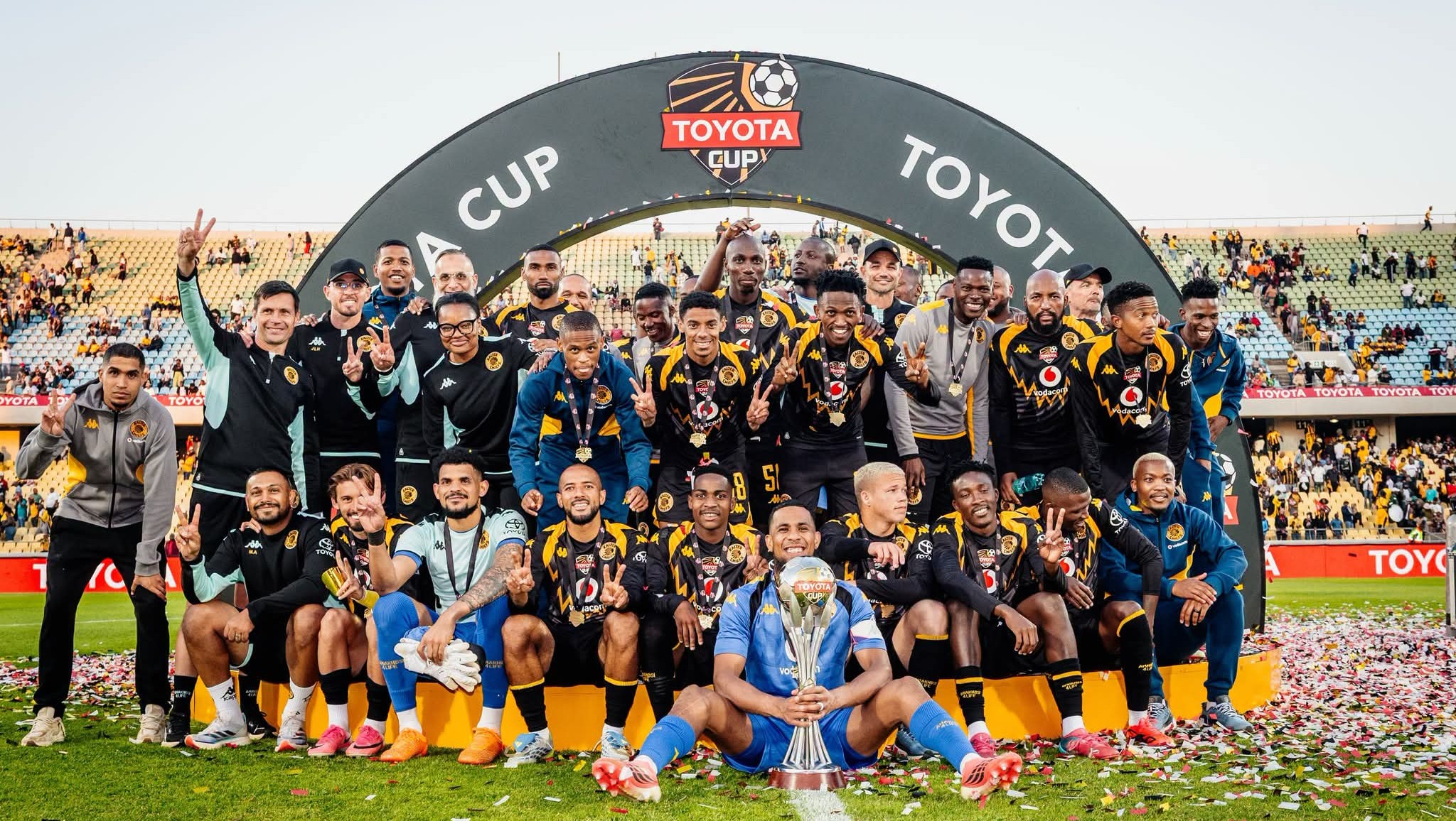 Kaizer Chiefs players lift the Toyota Cup after beating Scottland FC in Rustenburg.