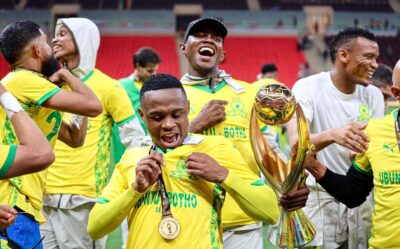 Kutlwano Letlhaku and Mamelodi Sundowns celebrating winning the CAF Champions League