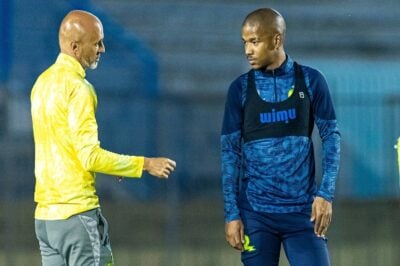 Mamelodi Sundowns coach Miguel Cardoso and Jayden Adams at training