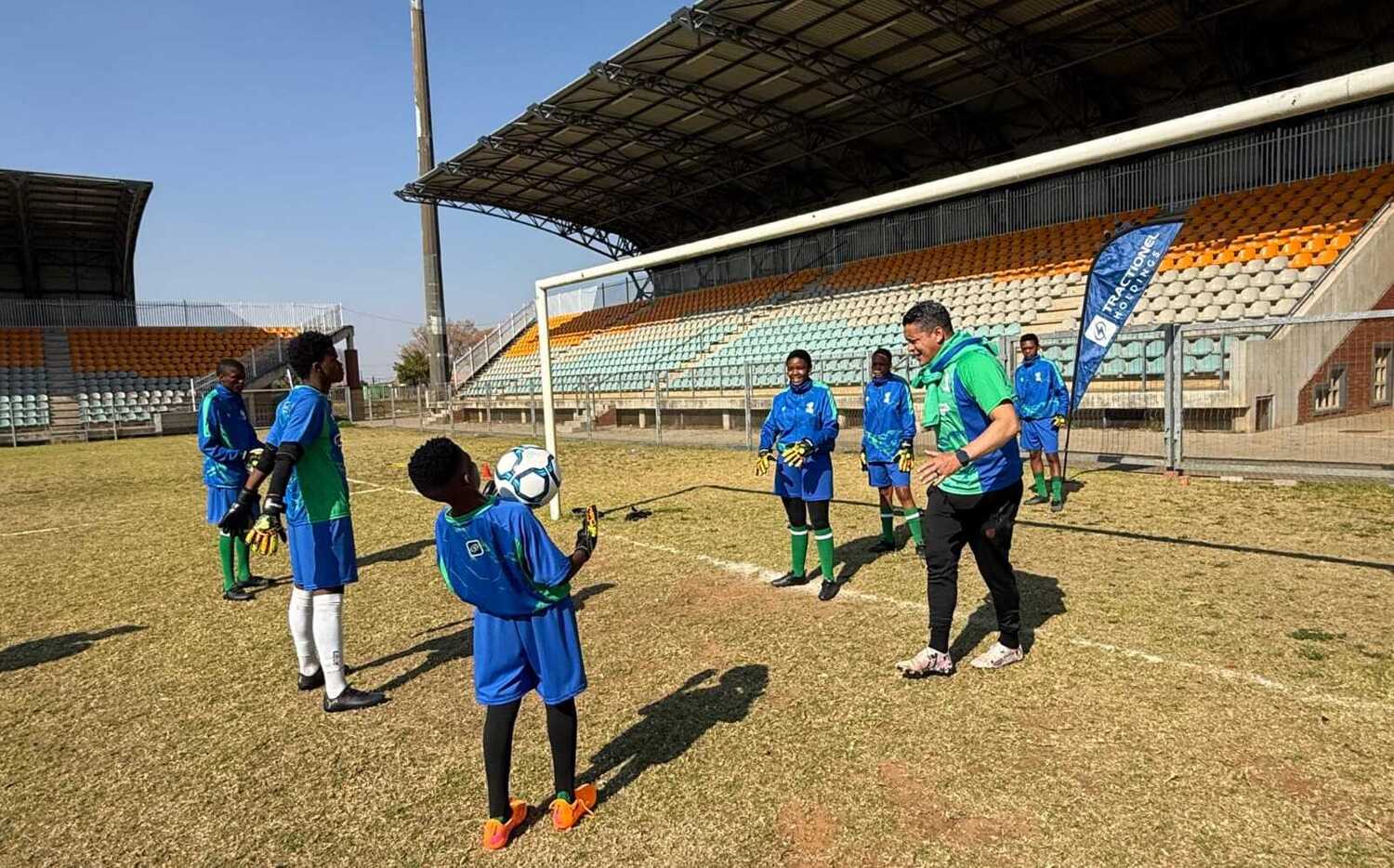 Former Bafana Bafana goalkeeper Moeneeb Josephs training kids in Parys
