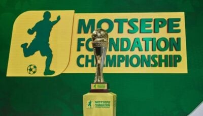 The Motsepe Foundation Championship trophy displayed at the SuperSport TV studios.