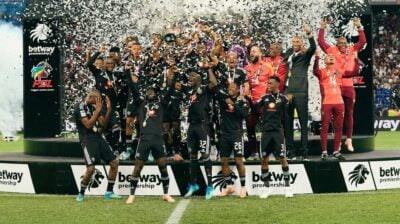 Orlando Pirates players celebrate their League triumph at the end of the 2025/26 season.