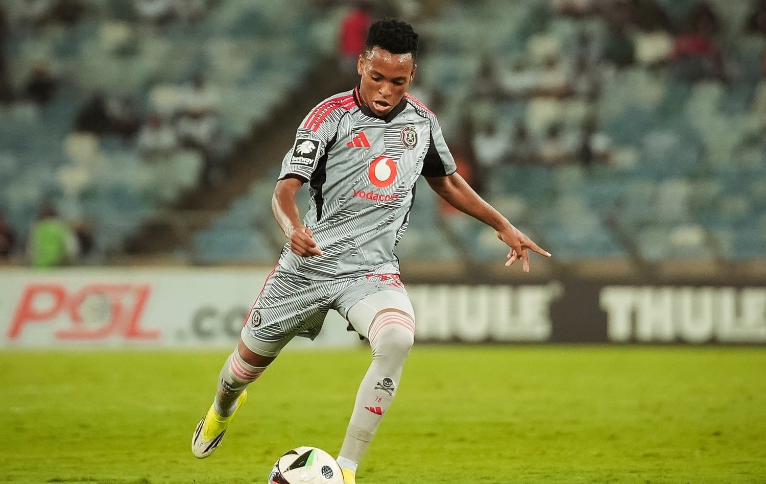 Relebohile Mofokeng shoots at goal while in action for Orlando Pirates