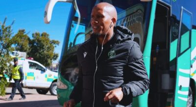 Ricardo Goss getting out of a Siwelele FC team Bus before a League match